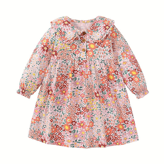 Girls Long Sleeve Pink Floral Button Dress