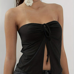 Y2K Split Crop Tube Top Ruched Drawstring