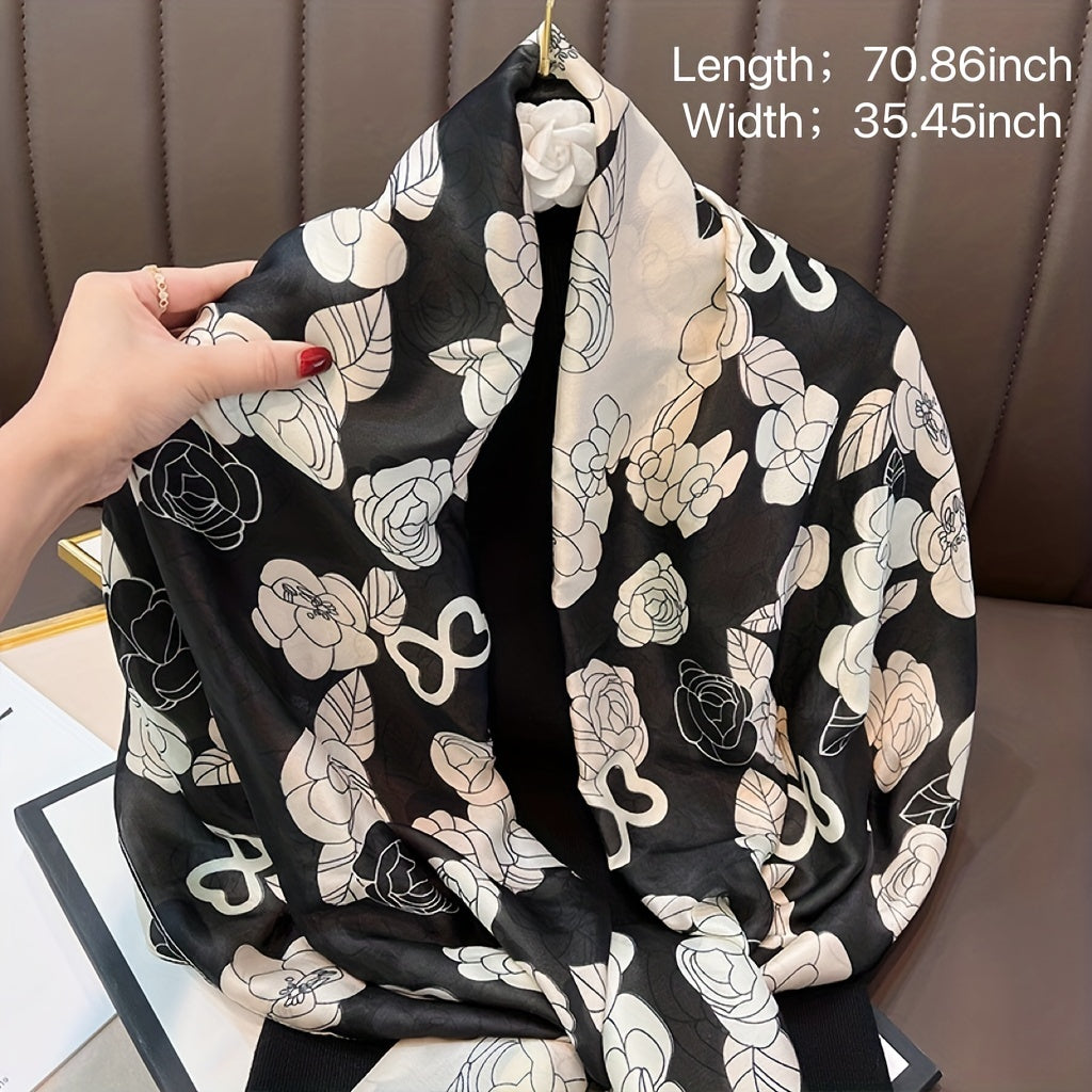 Camellia Print Large Satin Silk Scarf Shawl