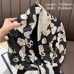 Camellia Print Large Satin Silk Scarf Shawl