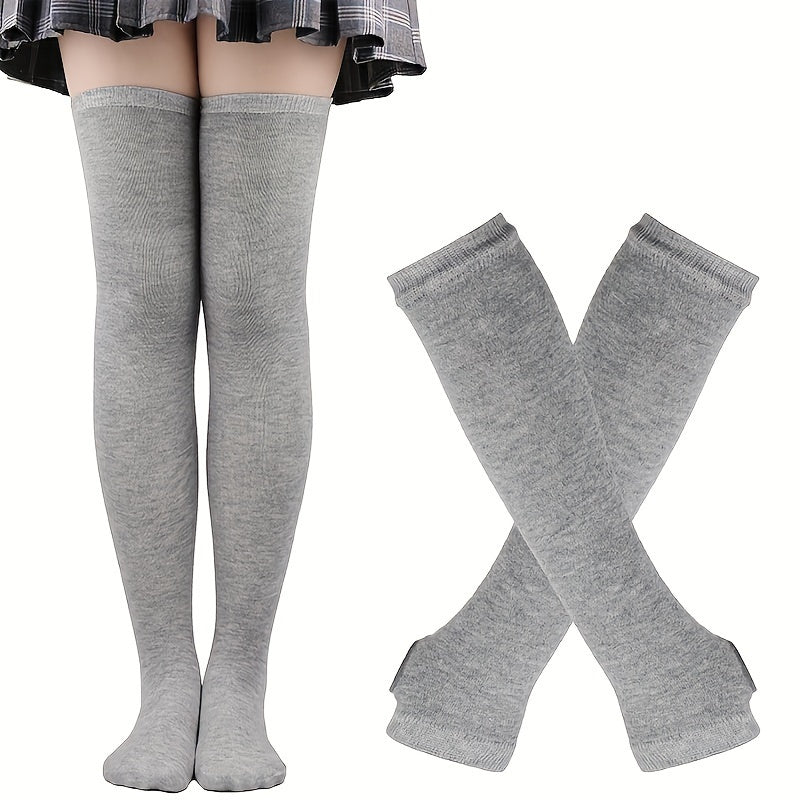 Teenagers Colorful Striped Thigh High Stockings & Fingerless Gloves Set