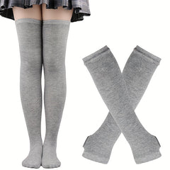 Teenagers Colorful Striped Thigh High Stockings & Fingerless Gloves Set