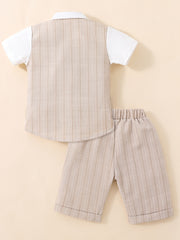 2pcs Baby Boys Striped Short Sleeve Bowtie Shirt & Shorts Gentleman Outfit