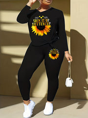 Sunflower & Art Letter Print Top & Leggings Set