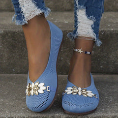 Metal Floral Decor Knit Flat Shoes Soft Sole Slip On Comfort Walking Flats