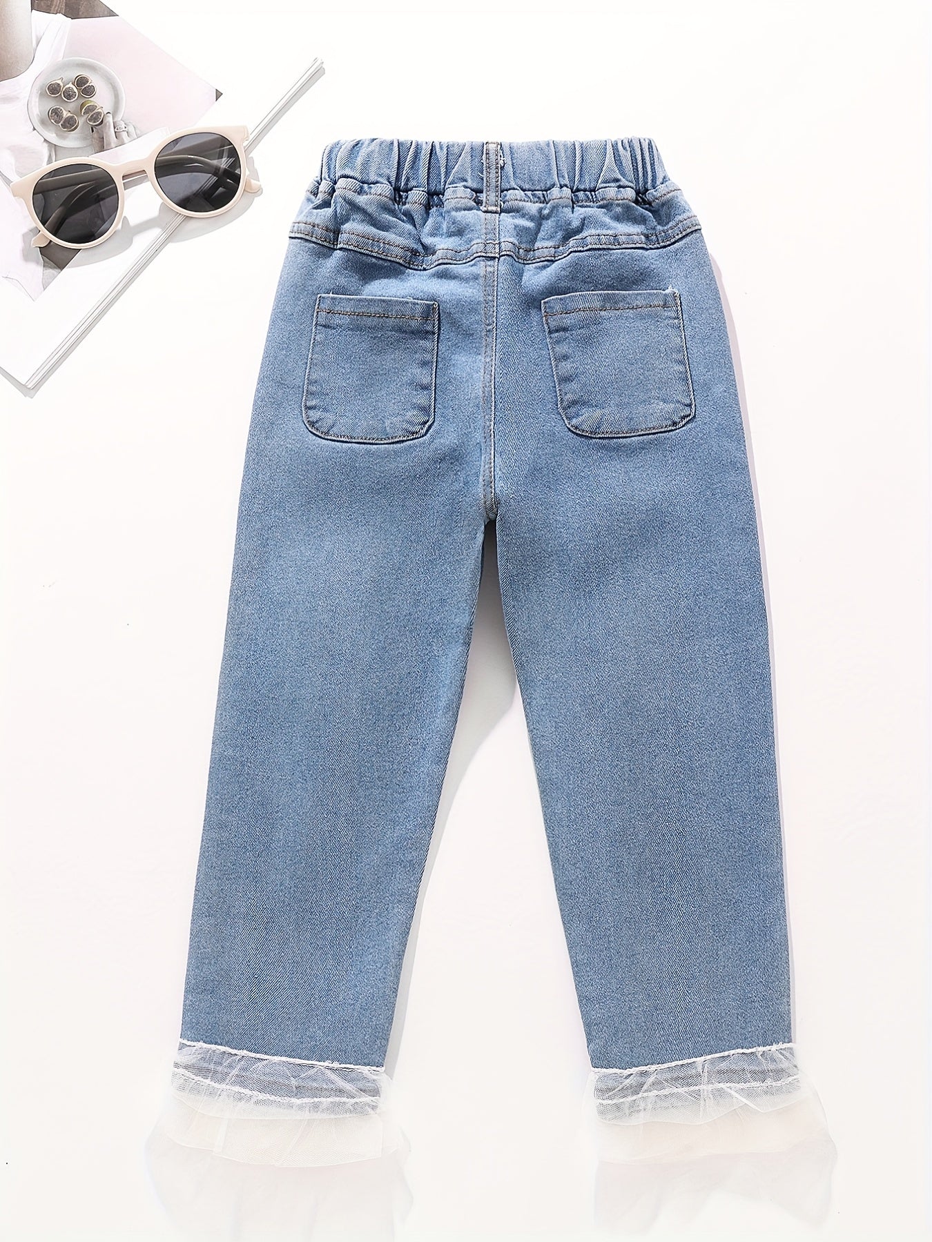 Girl's Lace Fringe Casual Jeans Trousers Elastic Waist Long Pants