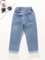 Girl's Lace Fringe Casual Jeans Trousers Elastic Waist Long Pants