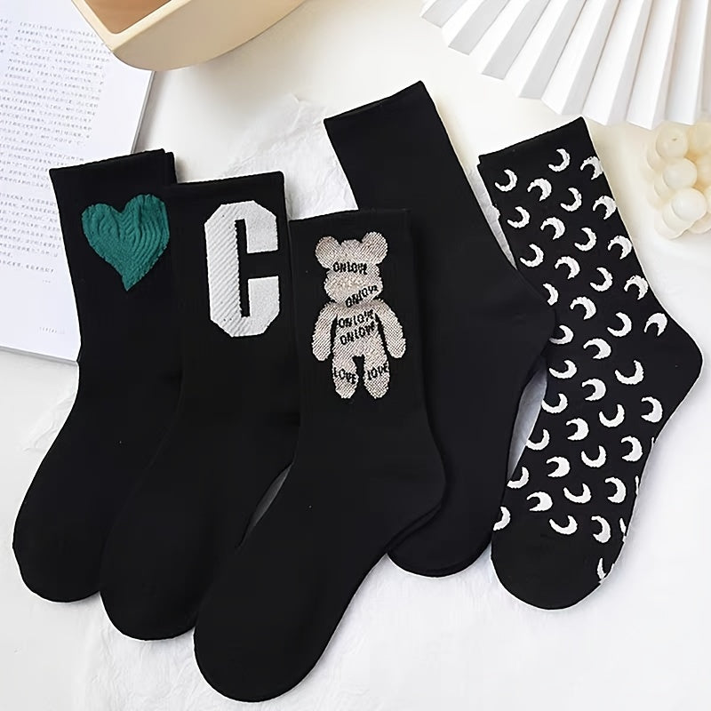 Letter & Bear Print Mid Tube Socks Womens Stockings