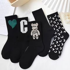 Letter & Bear Print Mid Tube Socks Womens Stockings