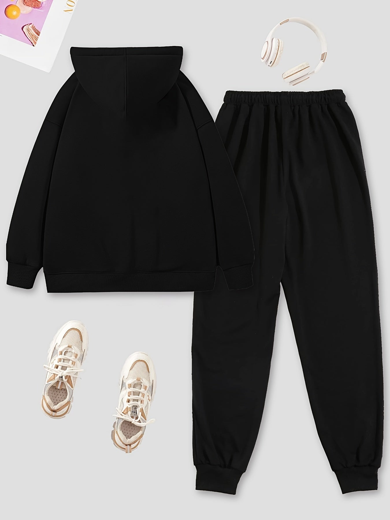 Letter Print Hoodies & Jogger Pants Set Solid Long Sleeve