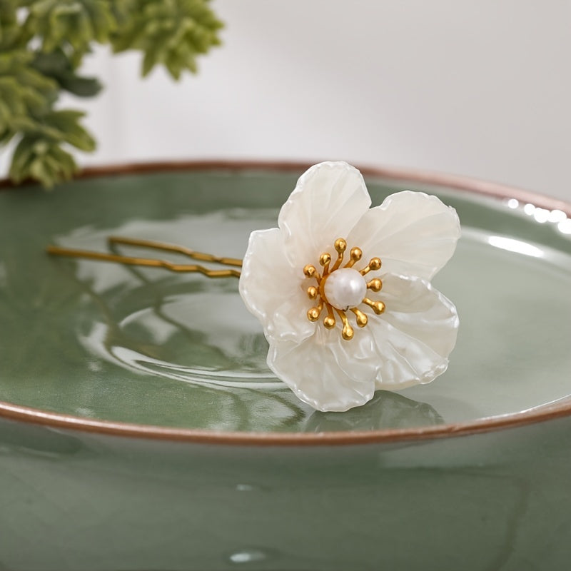 Camellia Hair Clip Faux Pearl Flower Vintage Accessory