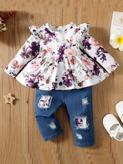 2pcs Baby Girls Forest Animal Print Top Ripped Patched Jeans Set