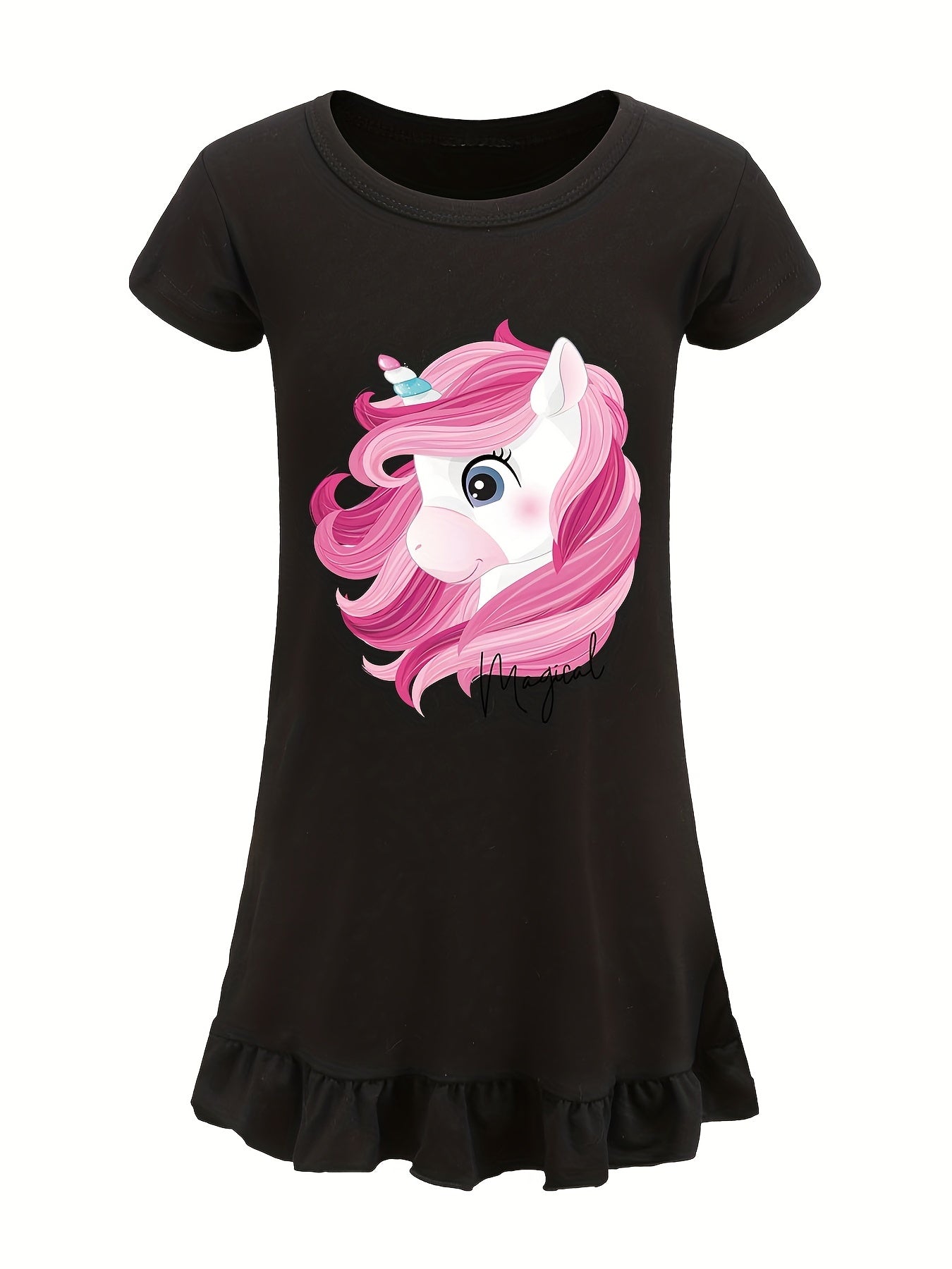 Toddler Girl's Unicorn Print Nightgown Ruffle Short Sleeve Nightdress