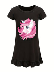 Toddler Girl's Unicorn Print Nightgown Ruffle Short Sleeve Nightdress