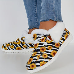 Daisy & Striped Pattern Non-slip Walking Sneakers Comfortable Warm Sport Shoes