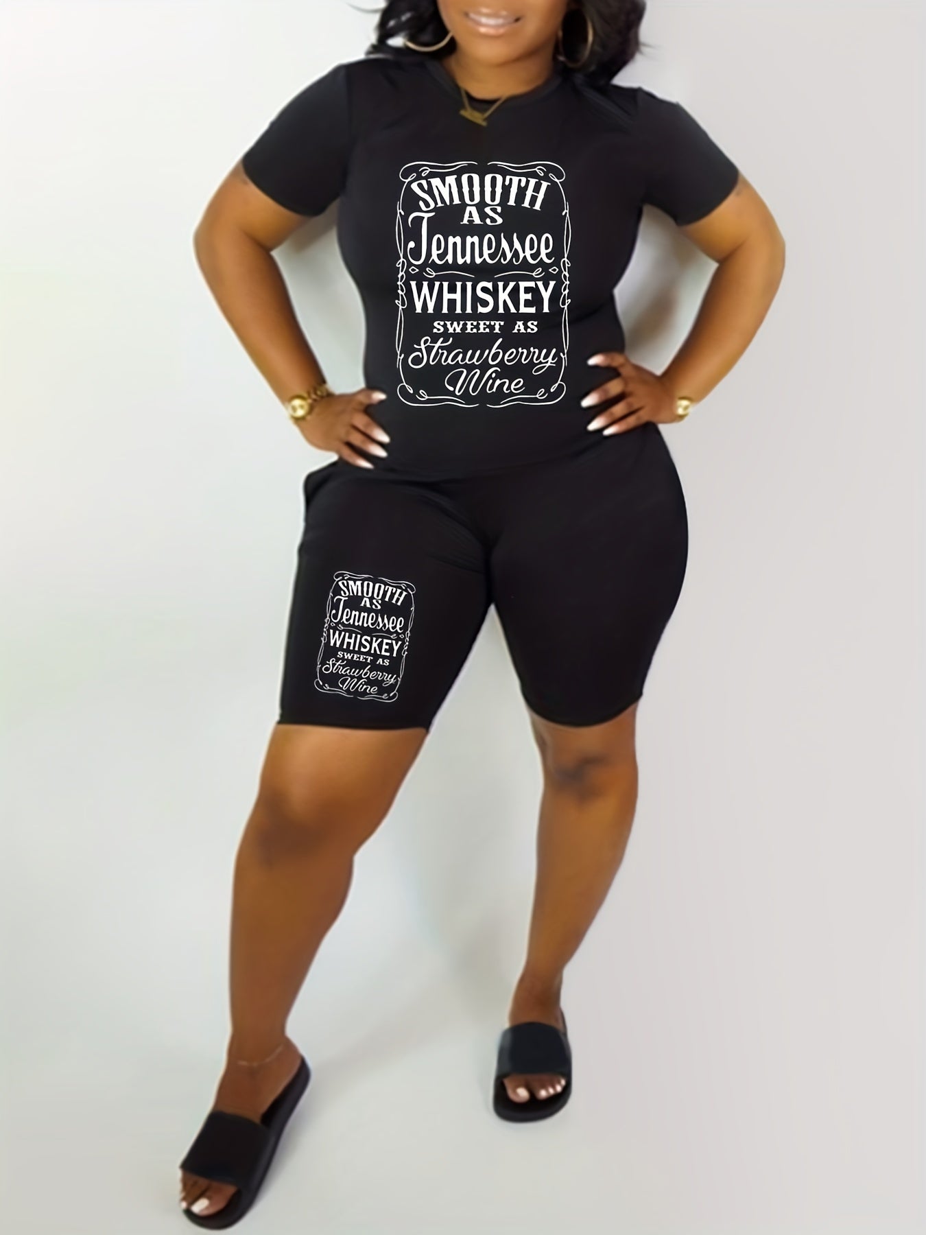 Slogan Print Short Sleeve Crop Top & Shorts Set
