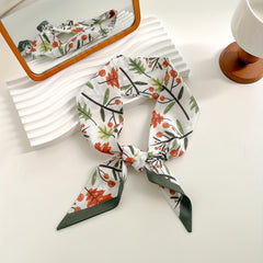 Green Fruit Tree Print Skinny Scarf Silky Ribbon Long Neckerchief