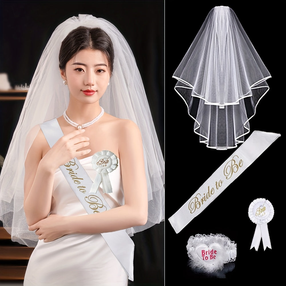 4pcs Bridal Veil Set with Golden Embroidery & Accessories