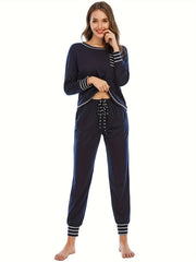 Striped Print Lounge Set Long Sleeve Crew Neck Top & Lace Up Pants