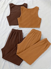 4 Pack Plus Size Basic Pajama Set Women's Plus Solid Crop Tank Top & Joggers