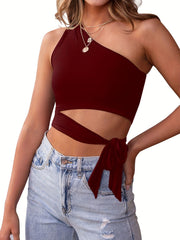 One Shoulder Side Tie Tank Top Sleeveless Crop Tank