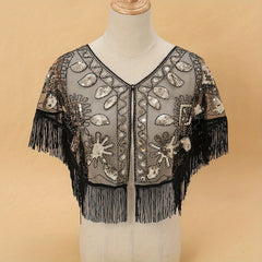 Vintage Sequin Embroidered Shawl 1920s Tassel Wrap Mesh Cape
