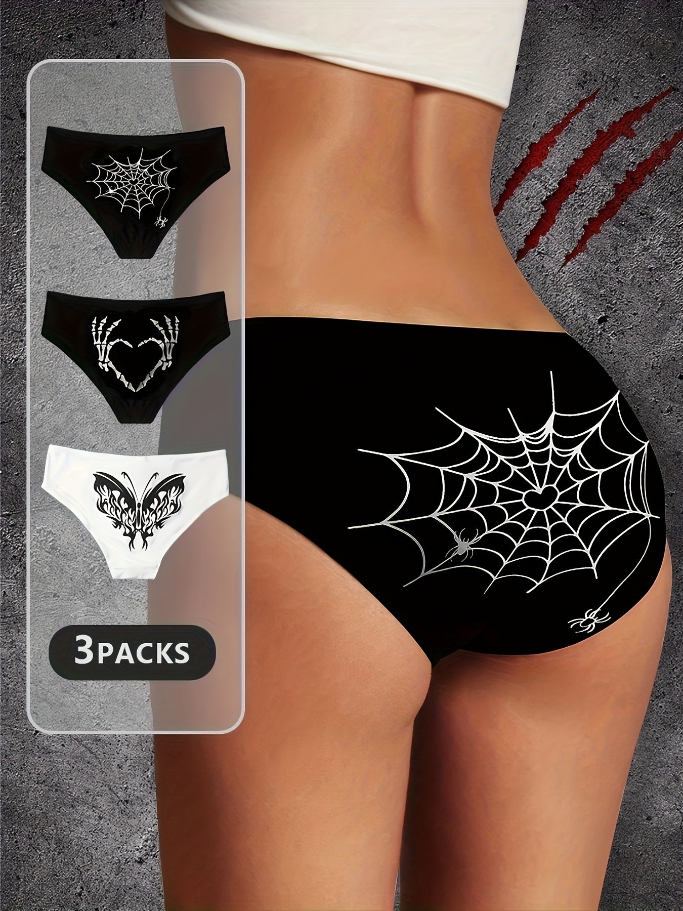 3pcs Skull & Spider Web Print Briefs Halloween Panties Women's Lingerie