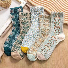 5 Pairs Vintage Ethnic Floral Socks for Women