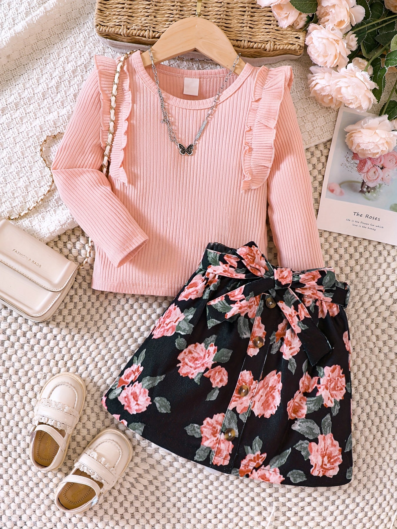 Girl's 2pcs Ribbed Top & Floral Corduroy Skirt Set for Spring Autumn