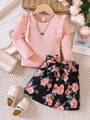 Girl's 2pcs Ribbed Top & Floral Corduroy Skirt Set for Spring Autumn