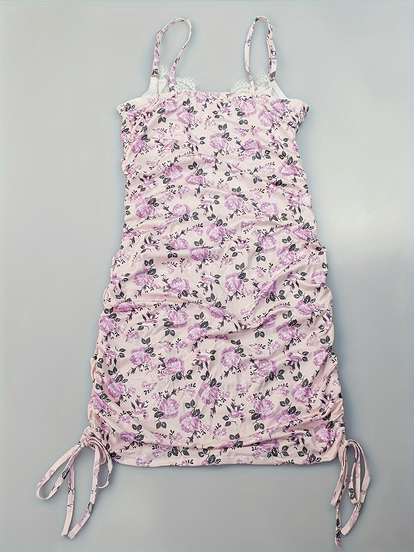 Floral Print Nightdress Lace Trim Ruched Sleep Dress