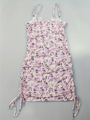 Floral Print Nightdress Lace Trim Ruched Sleep Dress