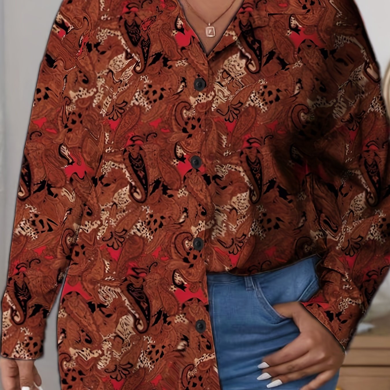 Paisley Print Button Up Long Sleeve Blouse