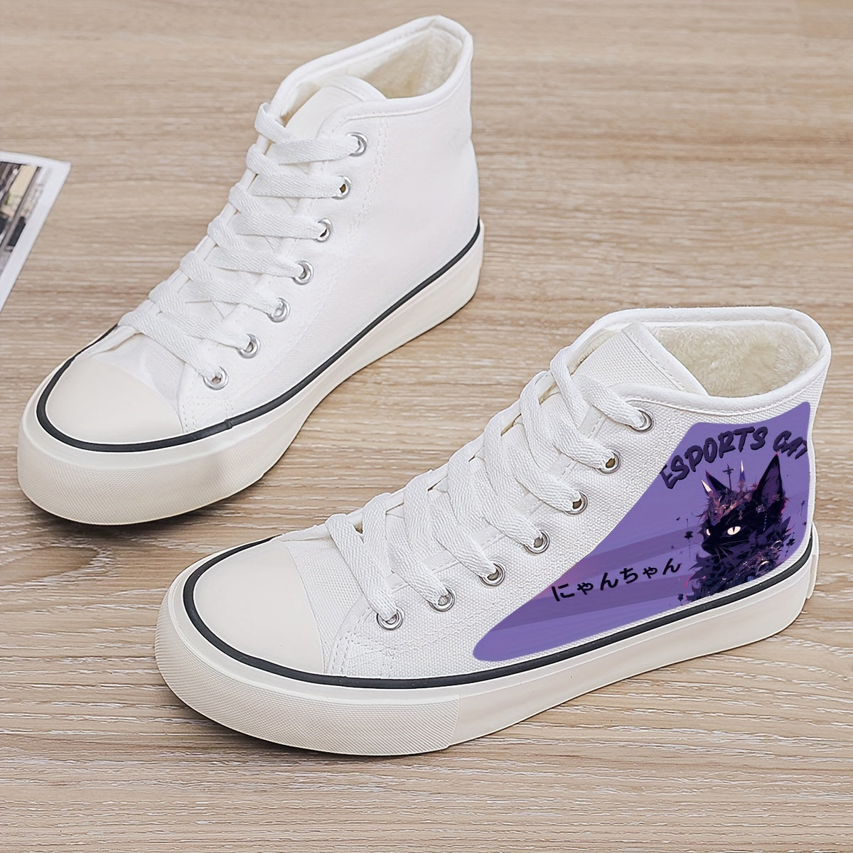 Cat Print Plush Lined Thermal Chunky Canvas Sneakers Flat
