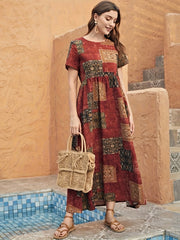 Ethnic Patchwork Print Dress Boho Crew Neck Short Sleeve Maxi Dress