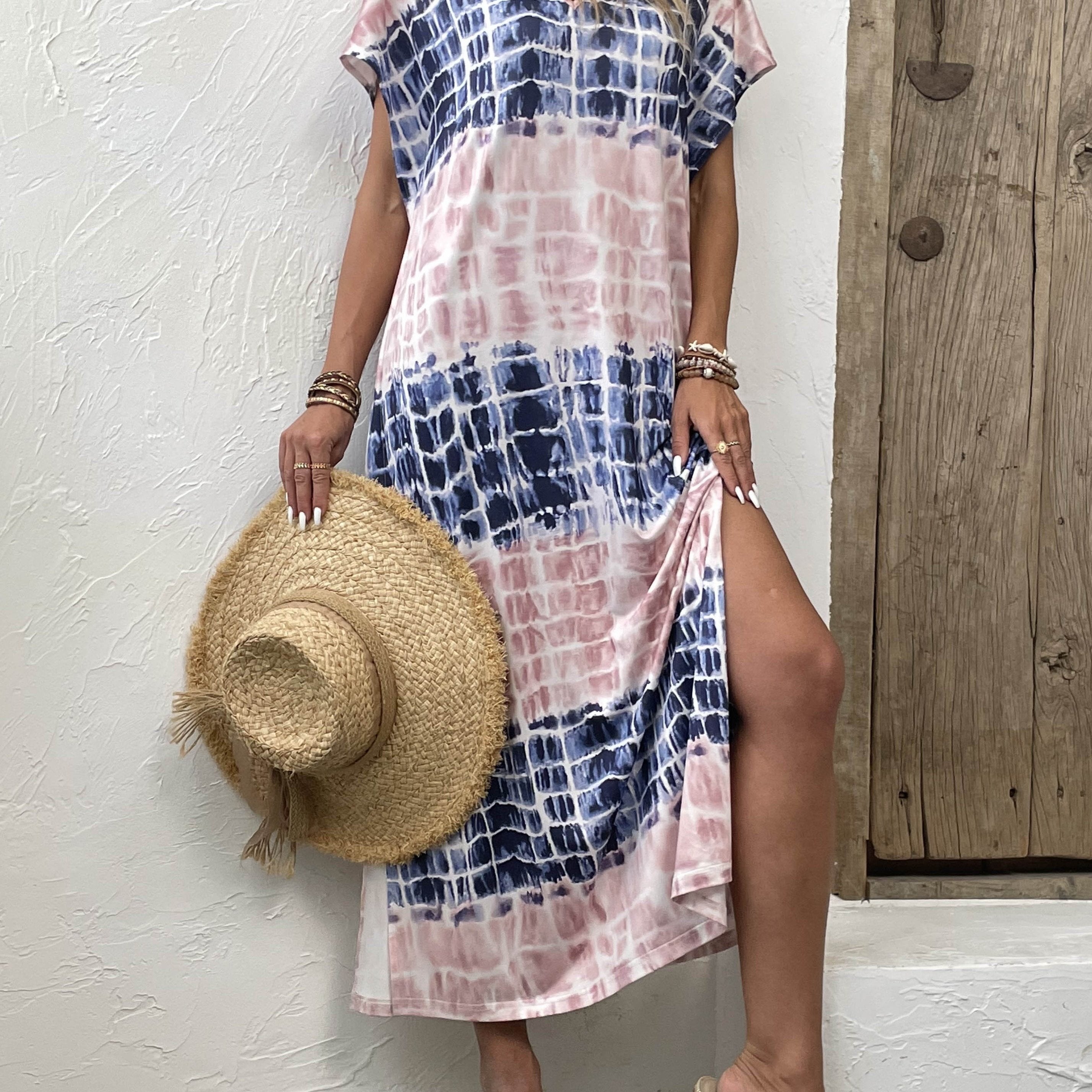 Tie Dye Block V Neck Dress Short Sleeve Casual Dress