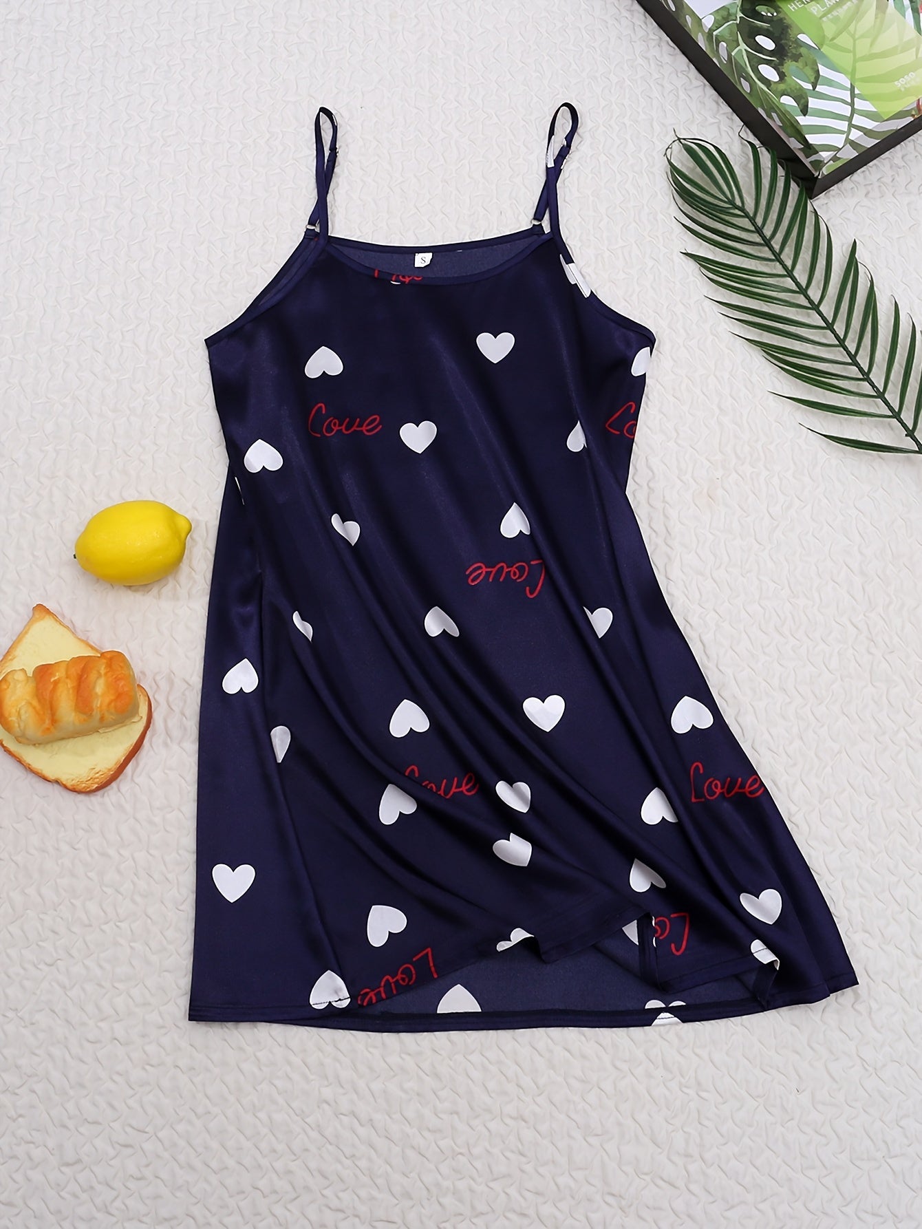 Heart Print NightDress Crew Neck Slip Pajama Dress Sleepwear