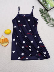 Heart Print NightDress Crew Neck Slip Pajama Dress Sleepwear