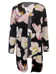 Floral Print Open Front Cardigan Long Sleeve Outerwear