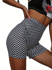 Checkerboard Print High Waist Slim Shorts Women's Clothing