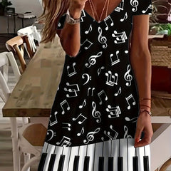Piano & Music Note Print V Neck Dress