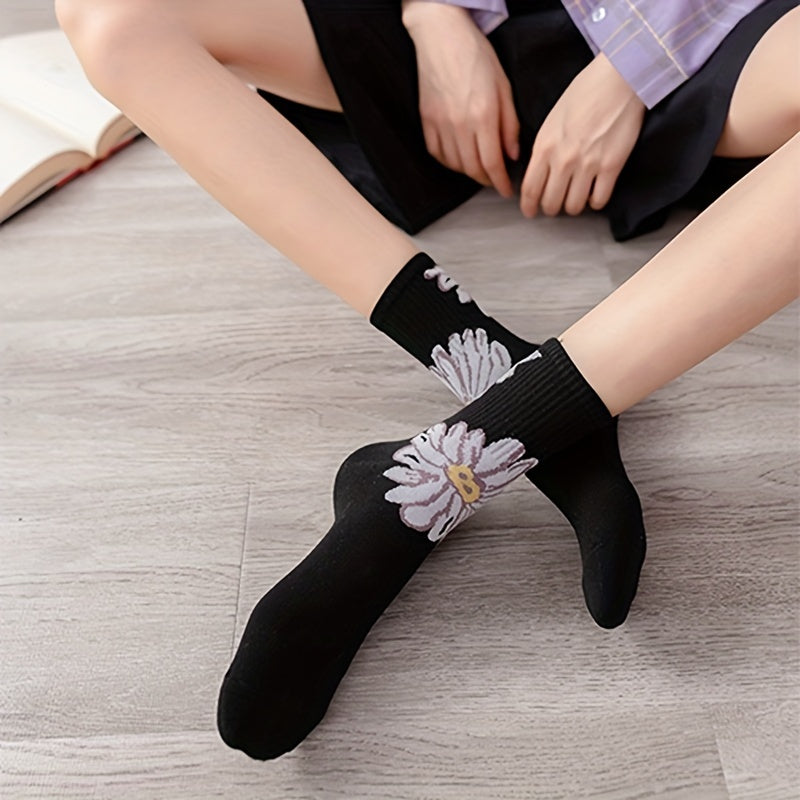 5 Floral Print Socks Comfy & Breathable Mid Tube Women's Stockings
