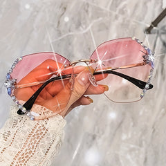 Oversized Rhinestone Sunglasses Gradient Lens Rimless Eyewear