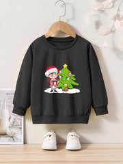 Christmas Girl And Tree Print Sweatshirt Long Sleeve Crew Neck Tops