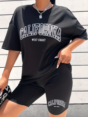 Letter Print Two-piece Set Casual T-shirt & Skinny Shorts Outfits