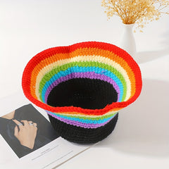 Vintage Rainbow Striped Bucket Hat Classic Crochet Cloche Hat