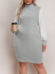 Casual Sweater Dress Women's Plus Colorblock Lantern Sleeve High Neck