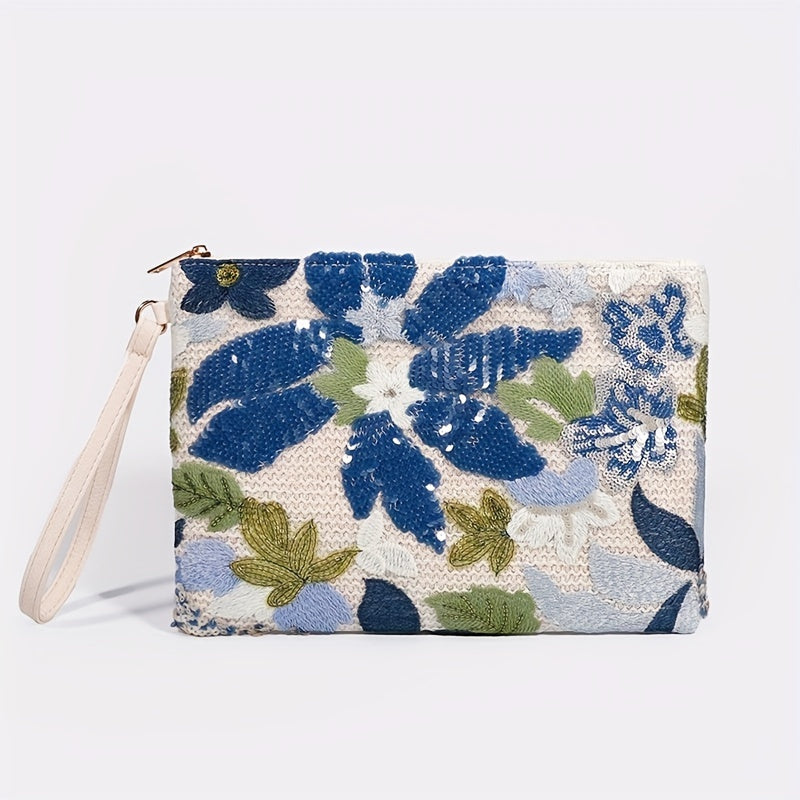Embroidery Clutch Straw Bag Sequin Flower Handbag Women's Woven Square Purse