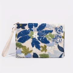 Embroidery Clutch Straw Bag Sequin Flower Handbag Women's Woven Square Purse