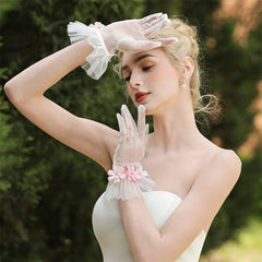 3D Floral Bridal Gloves Pastel Pink Soft Tulle Cuff Short Prom Special Occasions